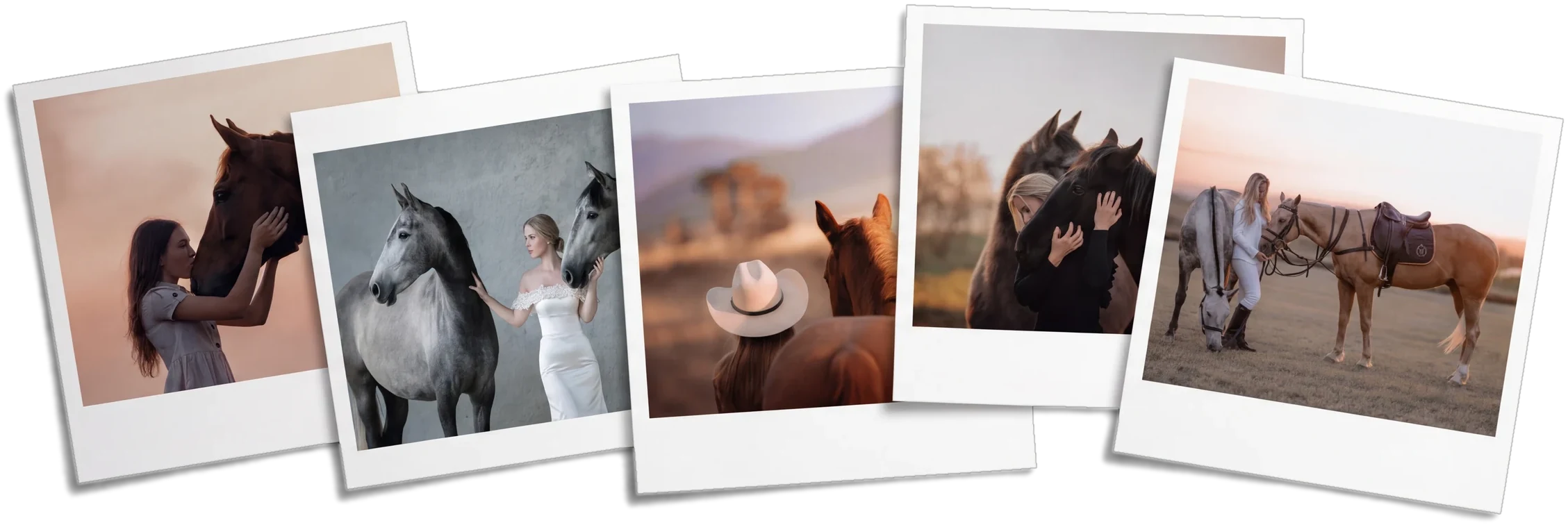 Päť vytlačených fotografií žien s koňmi rozložených vedľa seba