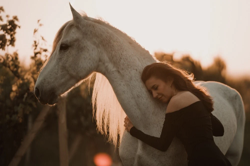 Žena objíma bieleho koňa v podvečernom svetle