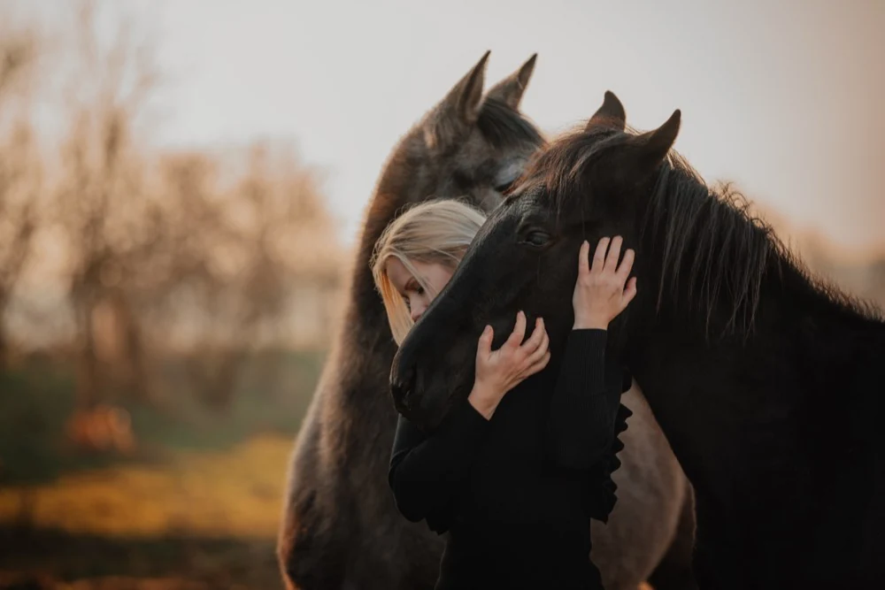 Žena medzi dvoma tmavými koňmi v jesennom svetle